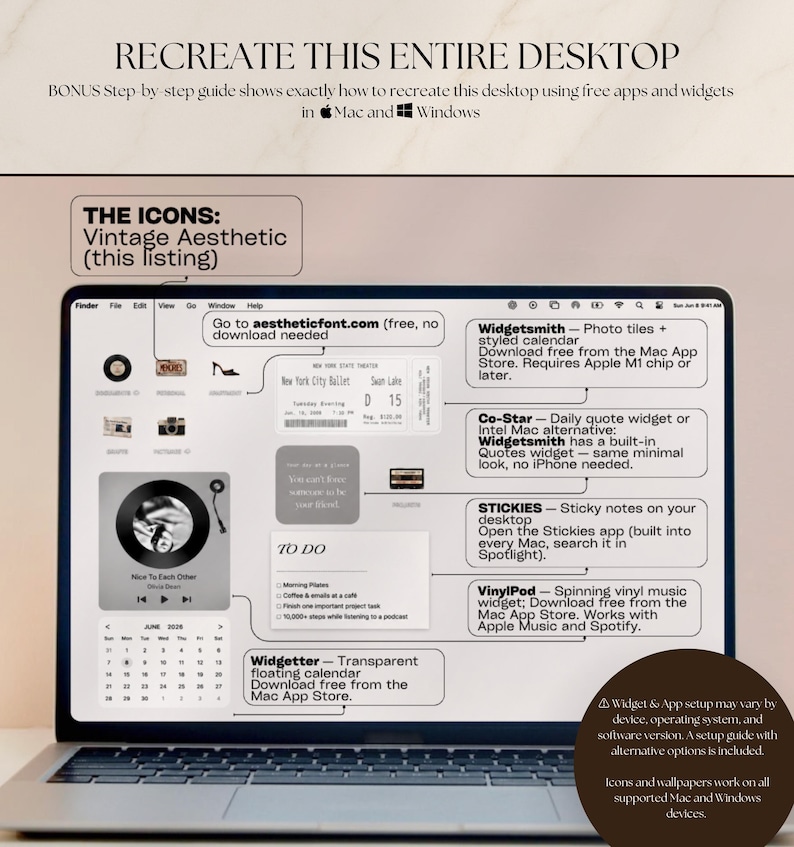 May include: A digital guide for desktop customization displayed on a laptop screen. The image features text instructions, app recommendations like Widgetsmith and VinylPod, and a visual layout of icons, a calendar, a to-do list, and music widgets.