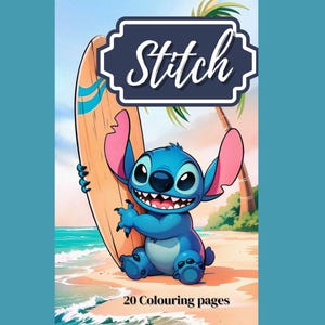May include: A blue cartoon character, holding a surfboard, is featured on a coloring book cover. The word "Stitch" is in a white script on a dark blue banner. The book has 20 coloring pages and is set on a beach.