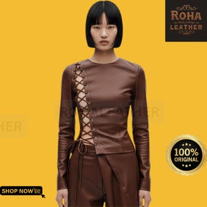 Handcrafted Laced Top - Side Lace Leather Top - Brown Gothic Leatherwear -  Elegant Corset Leather Shirt
