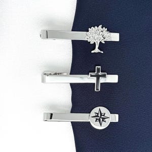 Minimalist Tie Clip | Silver Tone Tie Bar | Cross | Tree of Life | Compass Clip | Gift for Him Dad&#39;s Gift Suit Accessory | Gift For Him Men