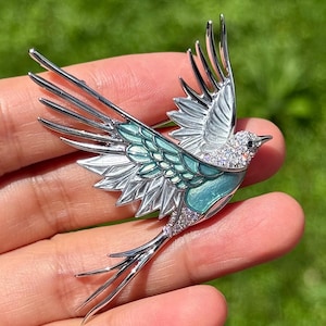Handcrafted Enamel Bird Brooch: Copper & Crystal Statement Pin