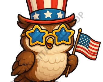 Patriotic Owl PNG | 4th of July, Star Glasses, American Flag (Digital Download)