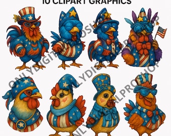 Patriotic Chicken Clipart Bundle – 4th of July PNGs (Digital Download)