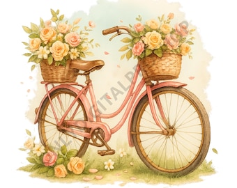 Vintage Bicycle with Romantic Style and Pink and Yellow Flowers - Elegant and Soft Design for Accessories and Home Decor