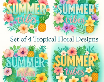 Tropical Summer Vibes PNG Bundle | Pineapple & Floral Designs (Digital Download)