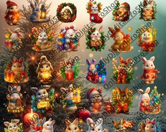 Christmas Bunny Clipart Bundle - 36 PNG for DIY Bunny Art & Holiday Printables