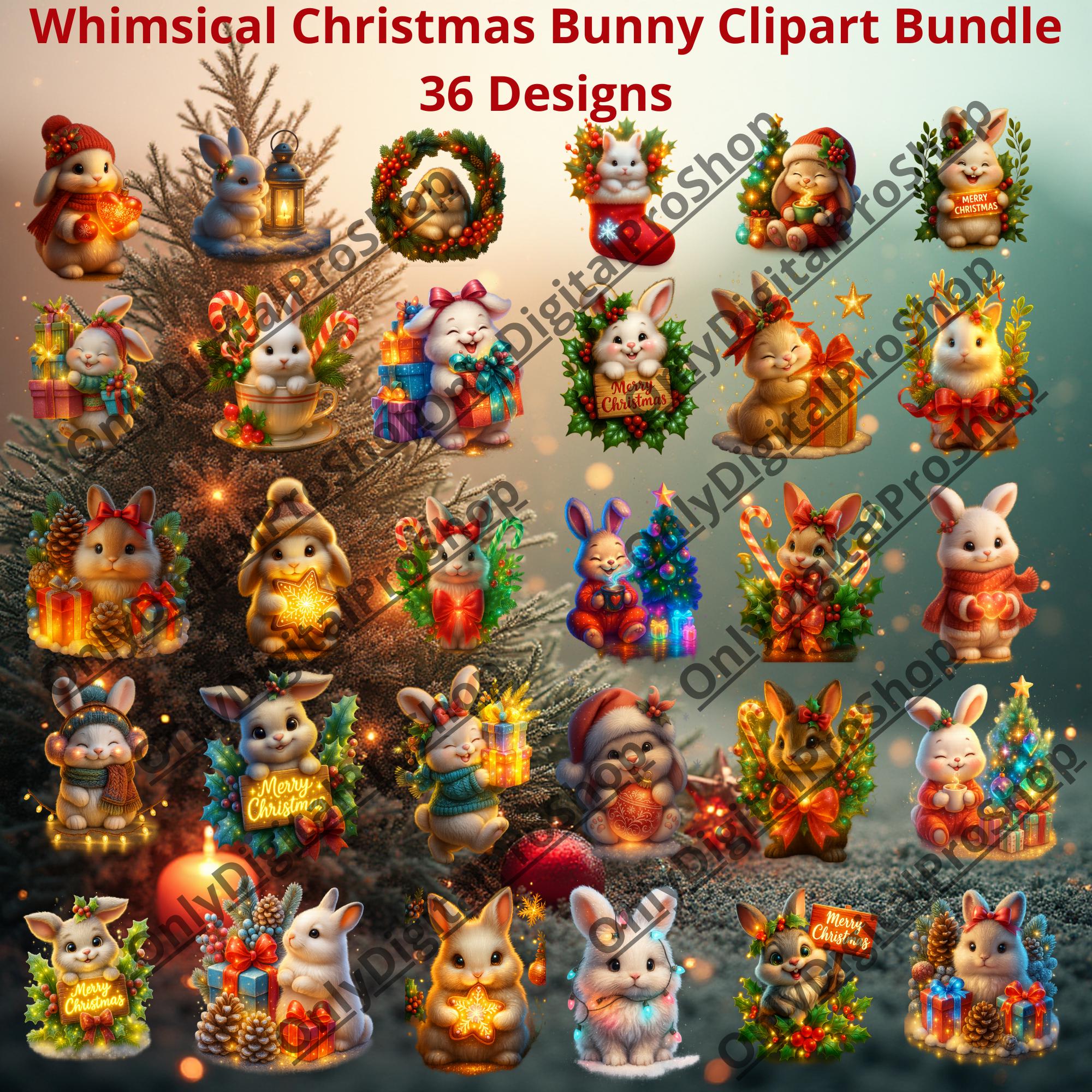 Christmas Bunny Clipart Bundle - 36 PNG for DIY Bunny Art & Holiday ...