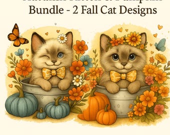 Adorable Autumn Cat Sublimation PNG | Fall T-shirt Design with Pumpkin, Flowers & Cute Kitten | Perfect for Fall Apparel and Seasonal Decor