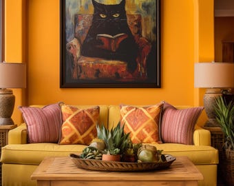 Black Cat Oil Painting, Cat Reading Book, Dark Academia Art