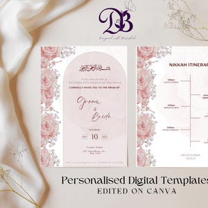 May include: A pink and white floral wedding invitation with a calligraphy design. The invitation includes the words "Groom & Bride" and the date "May 10, 2021". The invitation also includes a Nikkah itinerary with times for guests to arrive, the ceremony, and the reception.