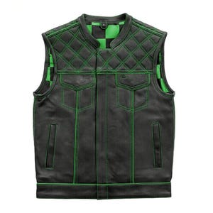 May include: Black leather vest with green stitching and a green checkered lining. The vest features two front pockets, a quilted pattern on the shoulders, and a classic collar. The vest is sleeveless and has a button-up front.