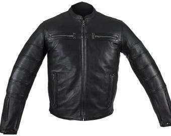 Schwarz plissierte Leder Motorrad Racer Jacke für Herren Conceal Bike Reitjacke