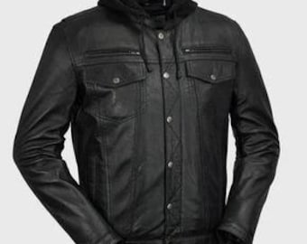 Men's Real Lamb Leather Trucker Jacket Levis Style Removeable Hood