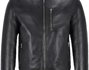 Chaqueta de motociclista de cuero genuino estilo casual clásico estilo bomber negro para hombre