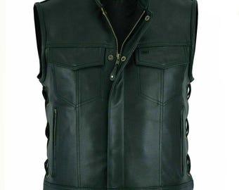 Chaleco de cuero para motociclista para hombre: estilo club motero negro, con cordones laterales.