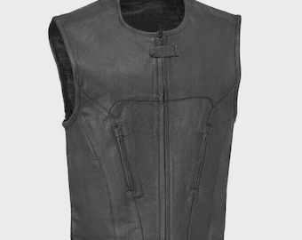 Genuine Black Perforated Leather Men's Motorcycle Biker Club Vest Waistcoat