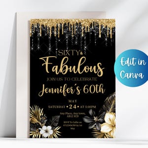 Black and Gold 60 and Fab birthday invitation | 60 & fabulous party invite | black gold party evite | digital download | editable | printabl