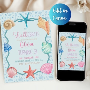 Invitación de cumpleaños con conchas marinas: temática playera, plantilla editable (descarga digital)