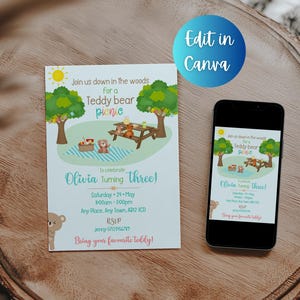 Invito per festa di compleanno con picnic degli orsacchiotti / Invito per picnic degli orsacchiotti / Invito per compleanno con picnic / Download digitale / Modificabile / Stampabile