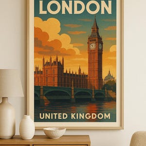 Póster retro de Londres: arte mural vintage de los años 70 | Póster de viajes del Reino Unido