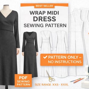 Könnte beinhalten: Ein dunkelgraues Wickel-Midikleid auf einer Schaufensterpuppe, mit einer Schnittmustergrafik. Das Bild enthält den Text "BEST SELLER", "WRAP MIDI DRESS SEWING PATTERN" und "PATTERN ONLY - NO INSTRUCTIONS". Ebenfalls enthalten ist eine Größenangabe von XXS-XXXL.