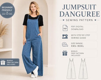 Jumpsuit Dungarees Sewing Pattern PDF | Wide Leg Overalls Pattern XXS to XXL | Instant Digital Download | Beginner Friendly Step by Step