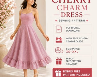 Cherry Charm Dress Sewing Pattern PDF | Women's Mini Dress Pattern | Tie Shoulder Dress | A4 US Letter A0 | Layered PDF | xxs-xxl