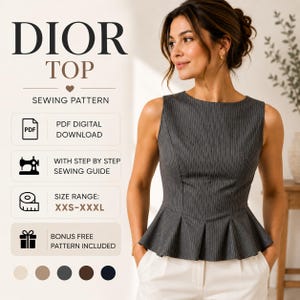 Peut inclure: Un haut à basque gris anthracite sans manches avec de fines rayures blanches. L'image contient le texte : DIOR TOP SEWING PATTERN, PDF DIGITAL DOWNLOAD, WITH STEP BY STEP SEWING GUIDE, SIZE RANGE: XXS-XXXL, et BONUS FREE PATTERN INCLUDED.