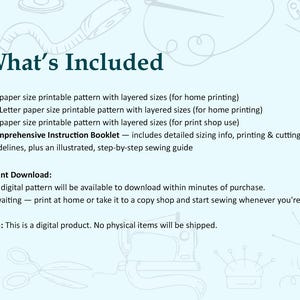 May include: A light blue digital product image with the text "What's Included" and a list of included items: A4 and US Letter printable patterns, A0 pattern, and a comprehensive instruction booklet. The image also states the product is an instant download.