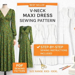 Boho Blumen Maxi Kleid Schnittmuster | Empire-Taille mit V-Ausschnitt (Digitaler Download)