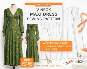 Boho Floral Maxi Dress Sewing Pattern | V-Neck Empire Waist (Digital Download)