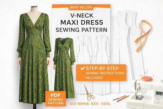 Boho Floral Maxi Dress Sewing Pattern | V-Neck Empire Waist (Digital Download)