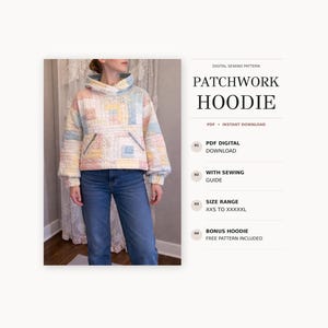 Wzór na bluzę z kapturem w stylu patchworku w formacie PDF | Wzór na pikowaną bluzę z kapturem | Natychmiastowe pobranie cyfrowe | A4, format amerykański, A0 | Rozmiary XXS-5XL