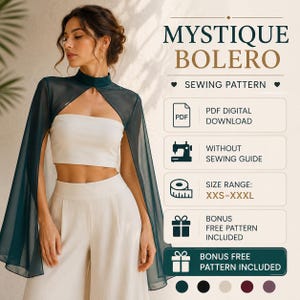 Op de afbeelding: Een donkergroene, doorschijnende bolero met een hoge kraag en lange, zwierige mouwen, gedragen over een crèmekleurige tube top en een wijde broek. De tekst luidt Mystique Bolero Sewing Pattern, PDF Digital Download, Without Sewing Guide, Size Range XXS-XXXL, Bonus Free Pattern Included.
