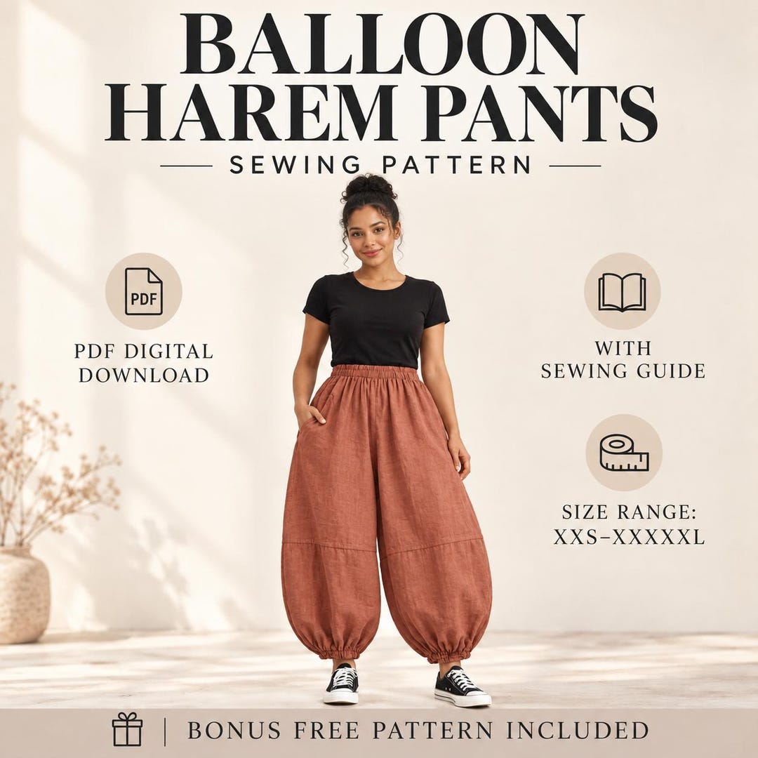 Balloon Harem Pants Sewing Pattern PDF, Womens Baggy Trousers, Elastic ...