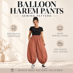 Op de afbeelding: Een naaipatroon voor ballon-harembroeken met de tekst BALLOON HAREM PANTS SEWING PATTERN, PDF DIGITAL DOWNLOAD, WITH SEWING GUIDE, SIZE RANGE: XXS-XXXXXL en BONUS FREE PATTERN INCLUDED. De broek heeft een roestbruine kleur.