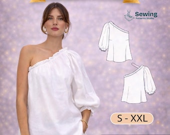 One Shoulder Puff Sleeve Dress Sewing Pattern PDF | Asymmetric Summer Mini Dress Pattern | Sizes S-XXL