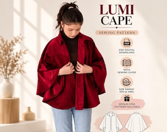 May include: A deep red velvet cape with a collar and wide sleeves, presented as the Lumi Cape sewing pattern. The graphic includes text for PDF digital download, sewing guide, size range XXS to XXXL, and a bonus free pattern.