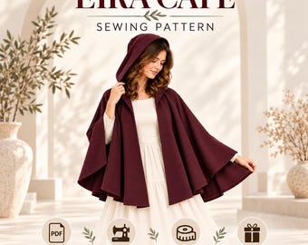 May include: A deep burgundy hooded cape sewing pattern titled Eira Cape. The design features a wide, flowing silhouette with a hood. Text includes Eira Cape Sewing Pattern, PDF Digital Download, With Sewing Guide, Size Range XXS to XXXL, and Bonus Free Pattern Included.
