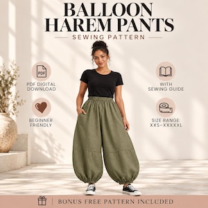 Balloon Harem Pants Sewing Pattern PDF, Womens Baggy Trousers, Elastic Waist Boho Pants, A4 US Letter A0 Download with Sewing Guide