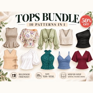 10 Tops Sewing Pattern Bundle PDF | 10-in-1 Women's Top Patterns | Crop Top, Tank Top, Blouse | xxs-xxxl | A4 A0 US Letter
