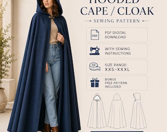 Hooded Cloak Sewing Pattern PDF | Vintage Cape Pattern XXS to XXXL | Instant Digital Download | Beginner Friendly Easy to Sew