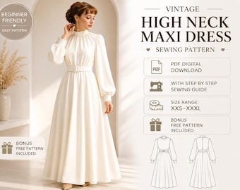 Vintage High Neck Dress Sewing Pattern PDF | Maxi Dress xxs to xxxl | Instant Digital Download | A4, US Letter & A0 Pattern