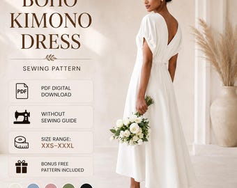 Boho Kimono Dress Sewing Pattern – Digital Midi Linen Summer Women Clothes Pdf