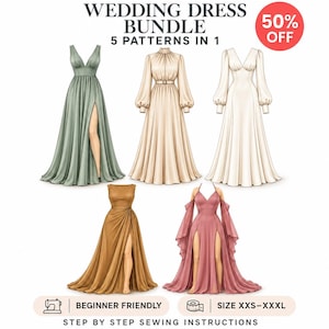 May include: A digital collection titled WEDDING DRESS BUNDLE 5 PATTERNS IN 1 featuring five distinct gown illustrations in sage green, beige, white, gold, and dusty rose. The graphic includes text indicating beginner friendly sewing instructions.