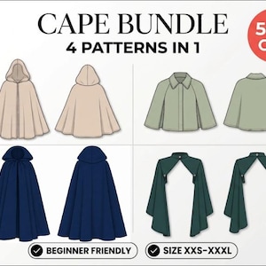 Może przedstawiać: Cyfrowa ilustracja zatytułowana CAPE BUNDLE 4 PATTERNS IN 1, przedstawiająca cztery różne wzory peleryn w kolorach beżowym, szałwiowym, granatowym i ciemnozielonym. Każdy wzór pokazuje widok z przodu i z tyłu. Zawiera etykiety BEGINNER FRIENDLY oraz SIZE XXS-XXXL.