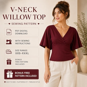 V Neck Willow Top Sewing Pattern PDF, Women's Top Pattern, Printable A4 US Letter A0, Beginner Sewing Project xxs-xxxl
