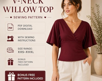 V Neck Willow Top Sewing Pattern PDF, Women's Top Pattern, Printable A4 US Letter A0, Beginner Sewing Project xxs-xxxl