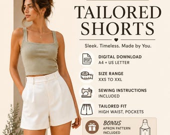 Tailored Shorts Sewing Pattern PDF | Women's High Waist Shorts | Instant Digital Download | A4 US Letter A0 Pattern