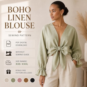 Puede incluir: Una blusa de lino verde salvia con escote en V profundo, mangas largas con puños con volantes y un lazo frontal. El texto dice BOHO LINEN BLOUSE SEWING PATTERN, PDF DIGITAL DOWNLOAD, WITHOUT SEWING GUIDE, SIZE RANGE: XXS-XXXL, BONUS FREE PATTERN INCLUDED.